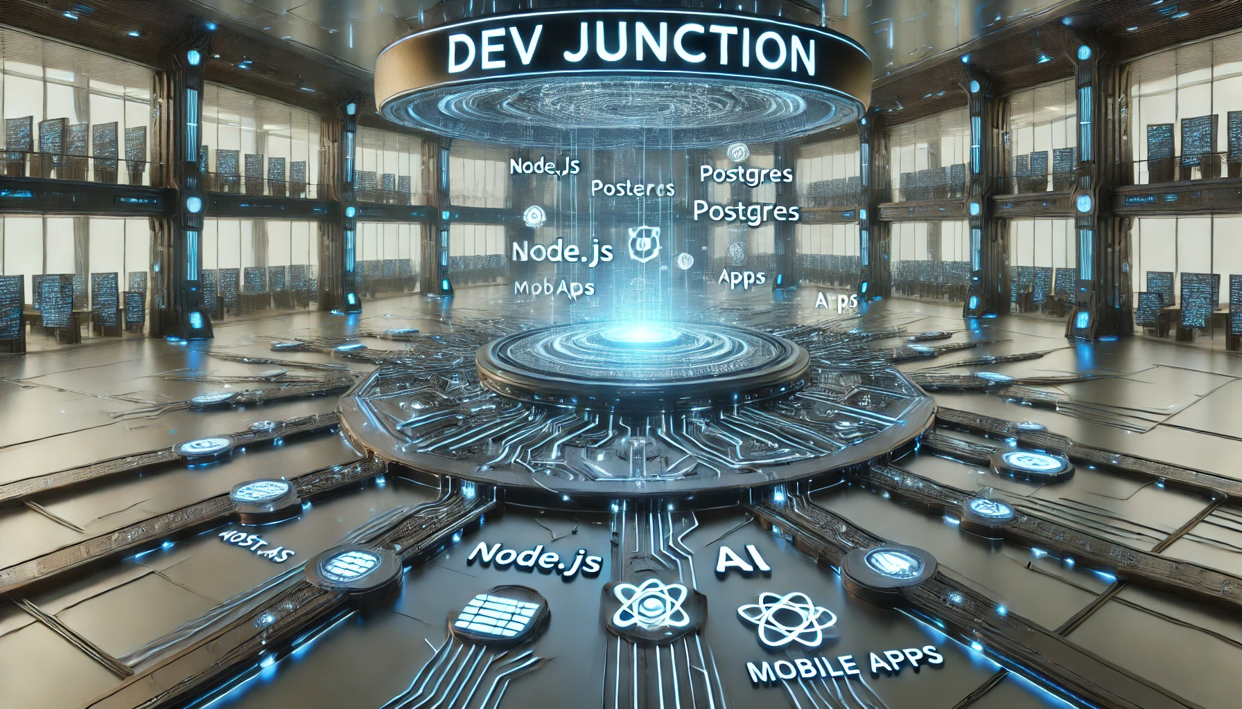 DALL·E 2024 10 01 18.02.39 A futuristic tech junction set inside a sleek modern software campus with the company name devJunction displayed prominently. The junction has mult